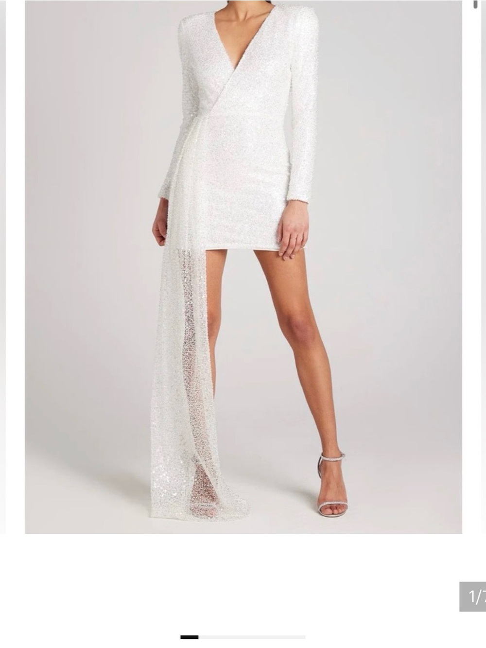 NADINE MERABI White Sequin Wrap Mini Dress with Draped Train